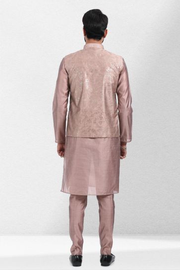 Banarasi Silk Fabric Sangeet Wear Trendy Readymade Men Kurta Pyjama With Pink Color Jacket