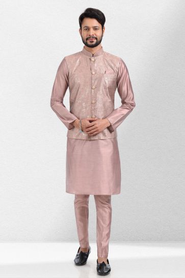 Banarasi Silk Fabric Sangeet Wear Trendy Readymade Men Kurta Pyjama With Pink Color Jacket
