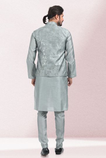Banarasi Silk Fabric Fancy Wedding Wear Readymade Designer Men Kurta Pyjama With Grey Color Jacket