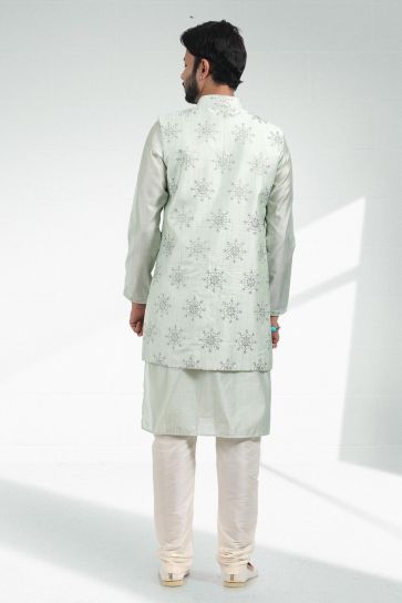 Sea Green Color Banarasi Art Silk Fabric Blazing 3 piece Jacket Set