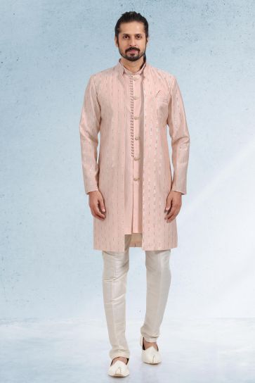 Banarasi Art Silk Fabric Peach Color Lavish 3 piece Jacket Set