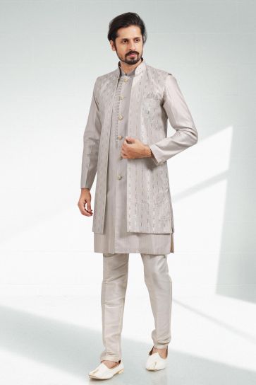 Magnificent Banarasi Art Silk Fabric Grey Color 3 piece Jacket Set