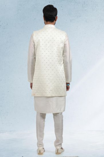 Cream Color Splendid 3 piece Jacket Set In Banarasi Art Silk Fabric