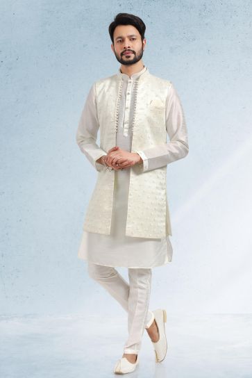 Cream Color Splendid 3 piece Jacket Set In Banarasi Art Silk Fabric