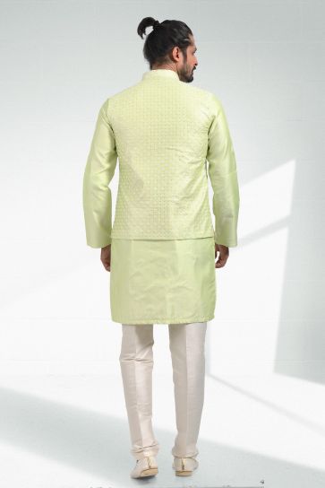 Banarasi Art Silk Fabric Brilliant 3 piece Jacket Set In Green Color