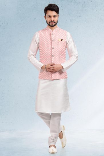 Banarasi Art Silk Fabric Peach Color Stunning 3 piece Jacket Set 
