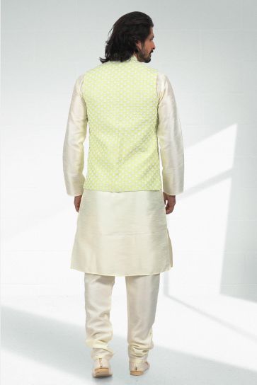 Sea Green Color 3 piece Jacket Set In Charming Banarasi Art Silk Fabric