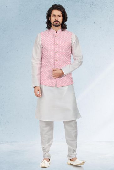 Trendy Pink Color Banarasi Art Silk Fabric 3 piece Jacket Set