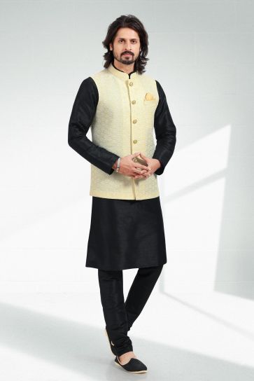 Banarasi Art Silk Fabric Yellow Color Designer 3 piece Jacket Set