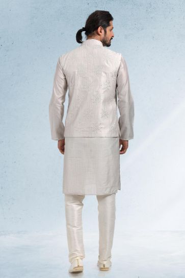 Grey Color 3 piece Jacket Set In Soothing Banarasi Art Silk Fabric