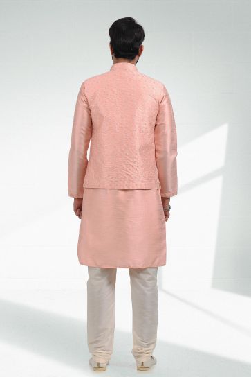 Dazzling Peach Color 3 piece Jacket Set In Banarasi Art Silk Fabric