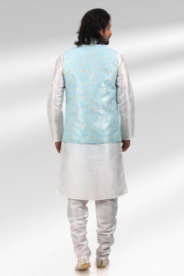 Remarkable Cyan Color Jacquard Banarasi Silk Fabric 3 Piece Jacket Set