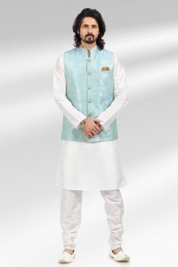 Remarkable Cyan Color Jacquard Banarasi Silk Fabric 3 Piece Jacket Set