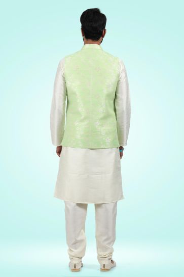 Captivating Jacquard Banarasi Silk Fabric 3 Piece Jacket Set In Sea Green Color