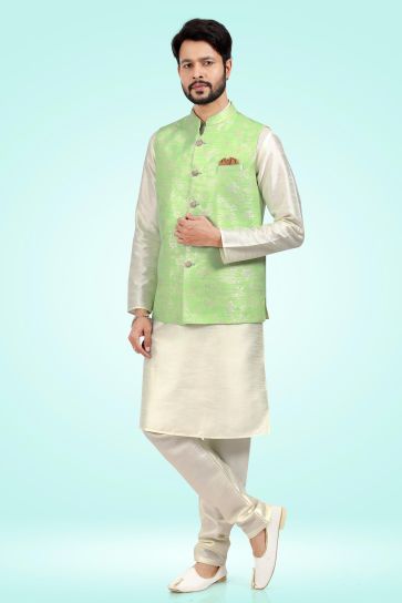 Captivating Jacquard Banarasi Silk Fabric 3 Piece Jacket Set In Sea Green Color