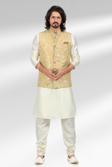 Graceful Yellow Color Jacquard Banarasi Silk Fabric 3 Piece Jacket Set