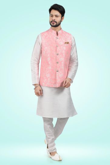 Pink Color Jacquard Banarasi Silk Fabric Magnificent 3 Piece Jacket Set