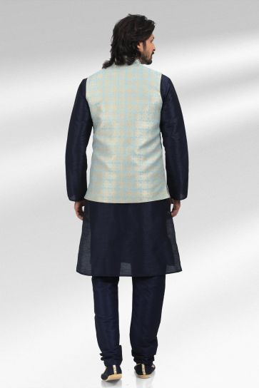 Jacquard Banarasi Silk Fabric 3 Piece Jacket Set In Artistic Light Cyan Color