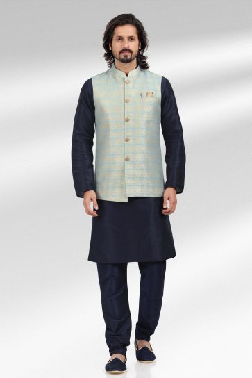 Jacquard Banarasi Silk Fabric 3 Piece Jacket Set In Artistic Light Cyan Color