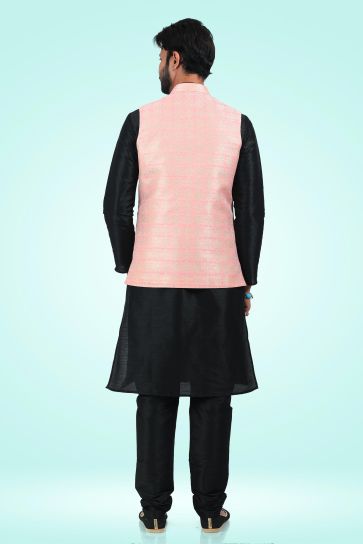 Trendy Textured Pink Color Jacquard Banarasi Silk Fabric 3 Piece Jacket Set