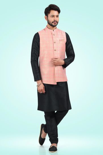 Trendy Textured Pink Color Jacquard Banarasi Silk Fabric 3 Piece Jacket Set