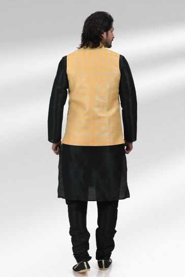 Intriguing Yellow Color 3 Piece Jacket Set In Jacquard Banarasi Silk Fabric
