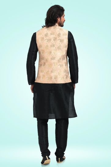 Peach Color Jacquard Banarasi Silk Fabric Royal 3 Piece Jacket Set