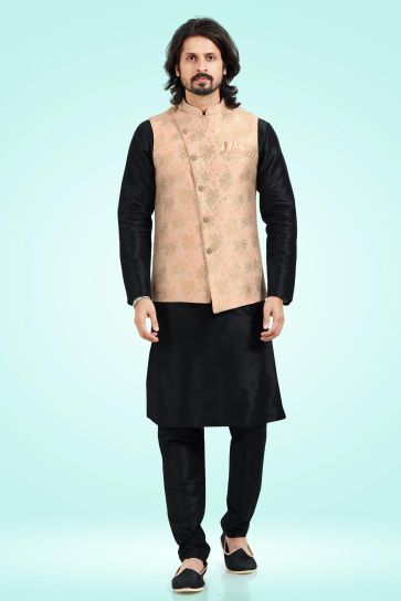 Peach Color Jacquard Banarasi Silk Fabric Royal 3 Piece Jacket Set