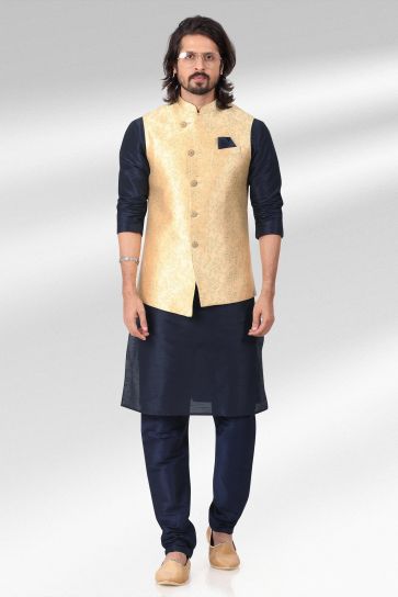 Golden Color Engrossing 3 Piece Jacket Set In Jacquard Banarasi Silk Fabric