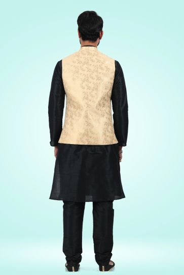 Golden Color Provocative 3 Piece Jacket Set In Jacquard Banarasi Silk Fabric