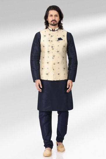Jacquard Banarasi Silk Fabric Stylish 3 Piece Jacket Set In Cream Color