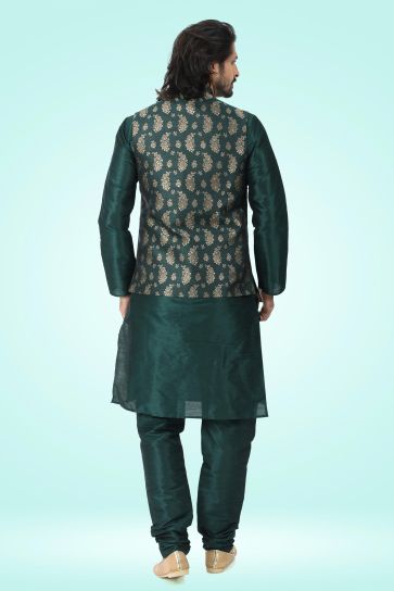 Engaging Jacquard Banarasi Silk Fabric Dark Green Color 3 Piece Jacket Set
