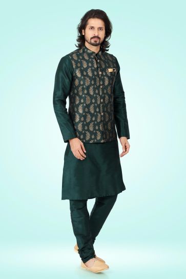 Engaging Jacquard Banarasi Silk Fabric Dark Green Color 3 Piece Jacket Set