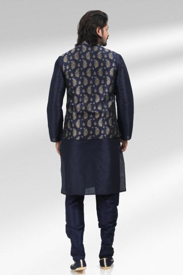 Enriching Navy Blue Color Jacquard Banarasi Silk Fabric 3 Piece Jacket Set