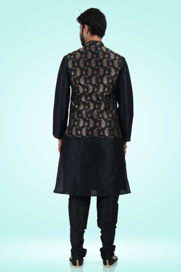 Extravagant Black Color Jacquard Banarasi Silk Fabric 3 Piece Jacket Set