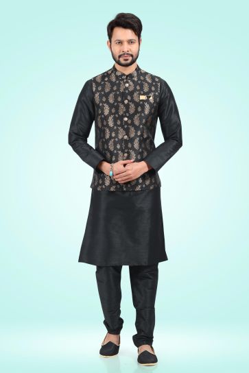 Extravagant Black Color Jacquard Banarasi Silk Fabric 3 Piece Jacket Set