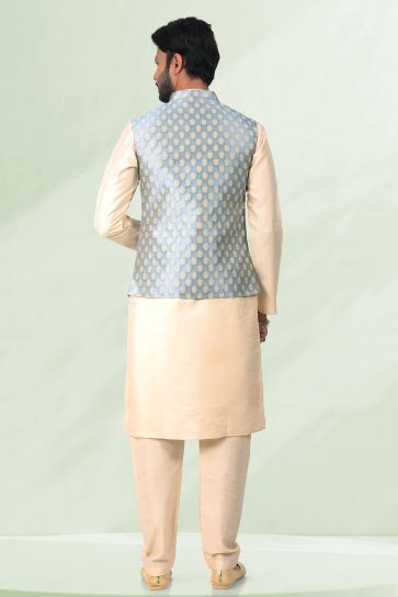 Grey Color Banarasi Silk Fabric Amazing 3 Piece Jacket Set In Sangeet Wear