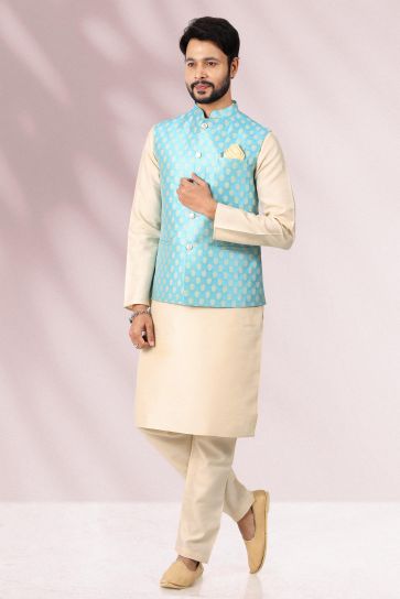 Solid Banarasi Silk Fabric Cyan Color Sangeet Wear 3 Piece Jacket Set