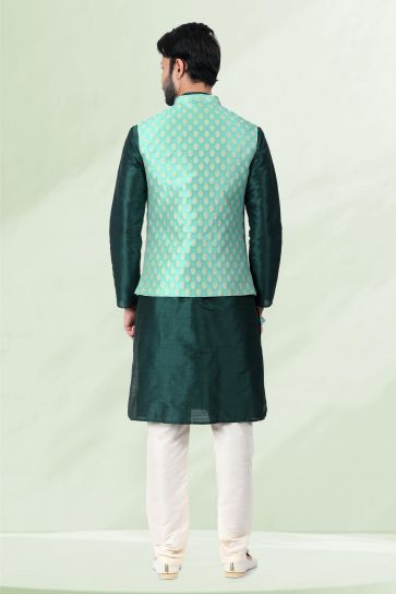 Sea Green Color Banarasi Silk Fabric Sangeet Wear Wondrous 3 Piece Jacket Set