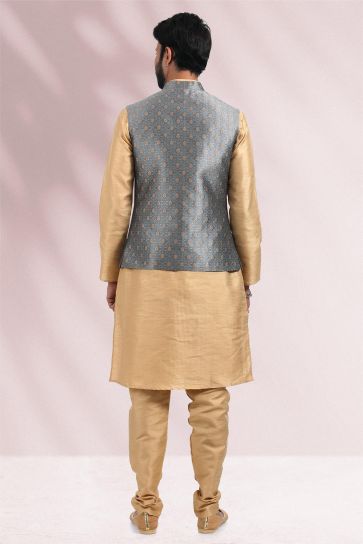 Sangeet Wear Banarasi Silk Fabric Supreme 3 Piece Jacket Set In Grey Color