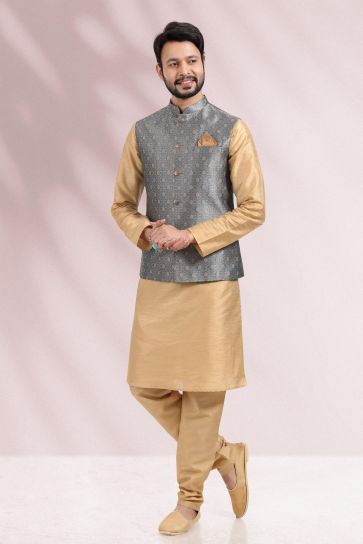 Sangeet Wear Banarasi Silk Fabric Supreme 3 Piece Jacket Set In Grey Color