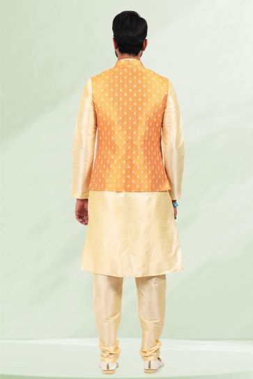 Banarasi Silk Fabric Sangeet Wear Trendy 3 Piece Jacket Set In Orange Color