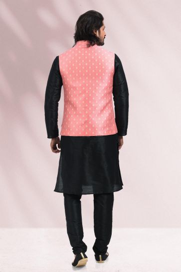 Pink Color Banarasi Silk Fabric Sangeet Wear Royal 3 Piece Jacket Set