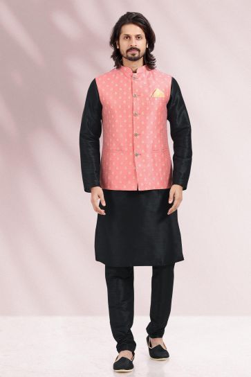 Pink Color Banarasi Silk Fabric Sangeet Wear Royal 3 Piece Jacket Set