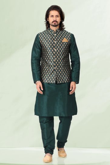 Sober Banarasi Silk Fabric Sangeet Wear Dark Green Color 3 Piece Jacket Set