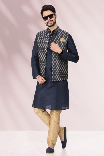 Sangeet Wear Navy Blue Color Banarasi Silk Fabric Coveted 3 Piece Jacket Set