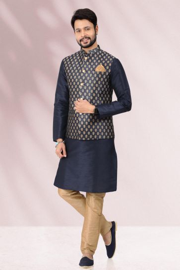 Sangeet Wear Navy Blue Color Banarasi Silk Fabric Coveted 3 Piece Jacket Set