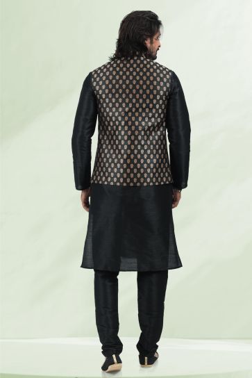 Riveting Black Color Sangeet Wear 3 Piece Jacket Set In Banarasi Silk Fabric