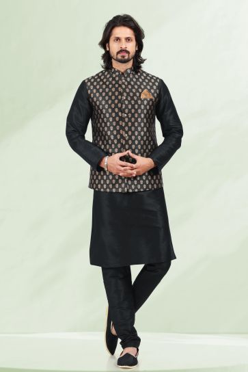 Riveting Black Color Sangeet Wear 3 Piece Jacket Set In Banarasi Silk Fabric