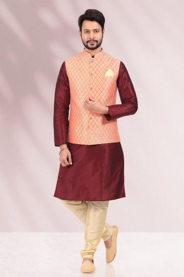 Sangeet Wear Peach Color Engaging 3 Piece Jacket Set In Banarasi Silk Fabric